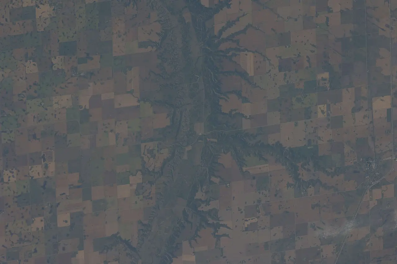 Aerial view of farmland and the Assiniboine valley from space, 2008